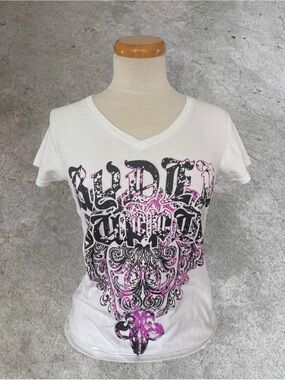 Women's White V-Neck Short Sleeve Tee with Pink and Black Graphic